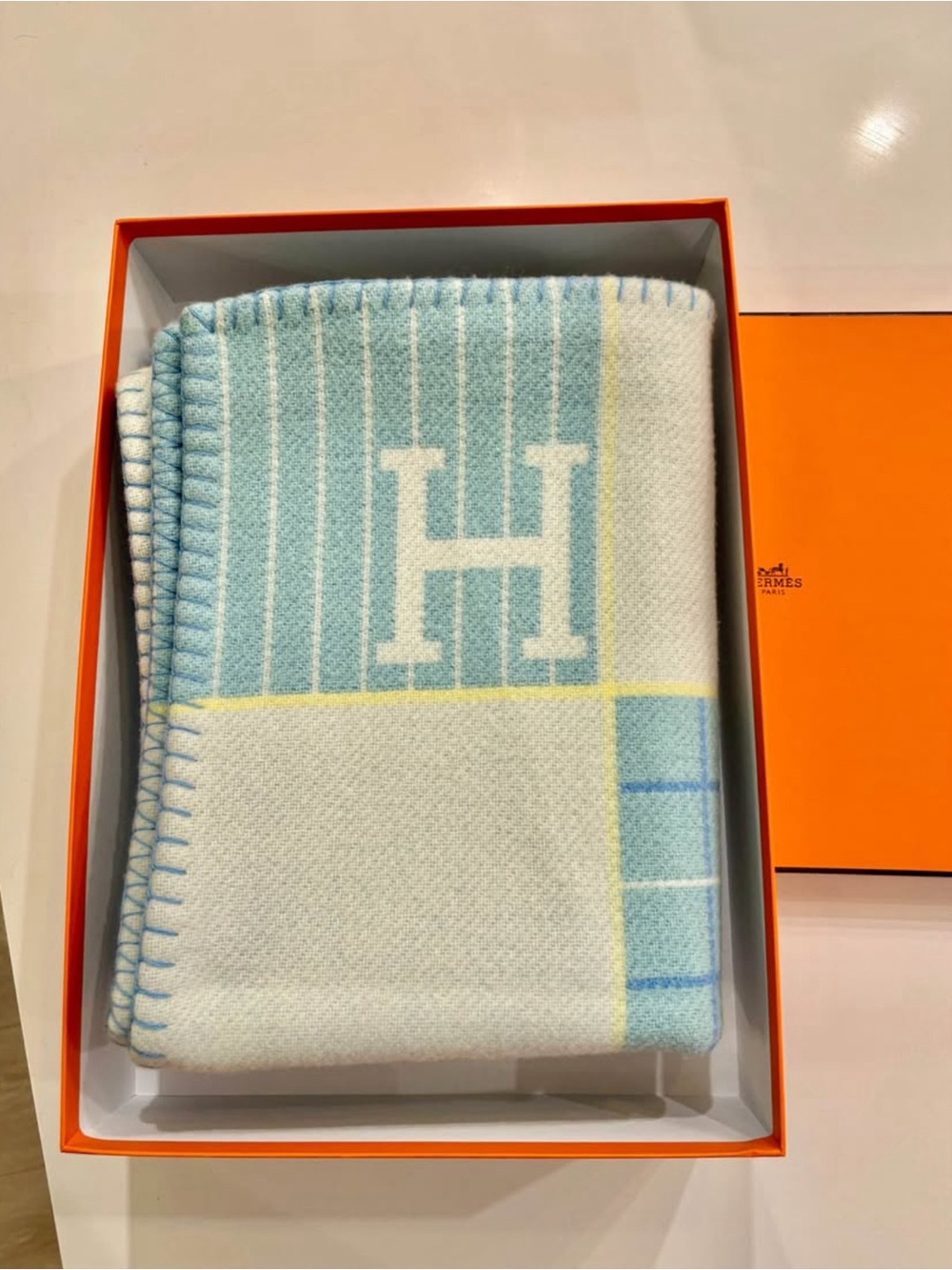 Hermes La Maison Baby Blanket - Avalon Cabriole Blanket - Vert Aqua Blue & White